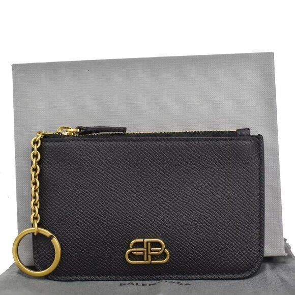 BALENCIAGA BB Logo Coin Wallet Purse Key Ring Leather Black Gold Italy 65RH003 - Picture 1 of 14